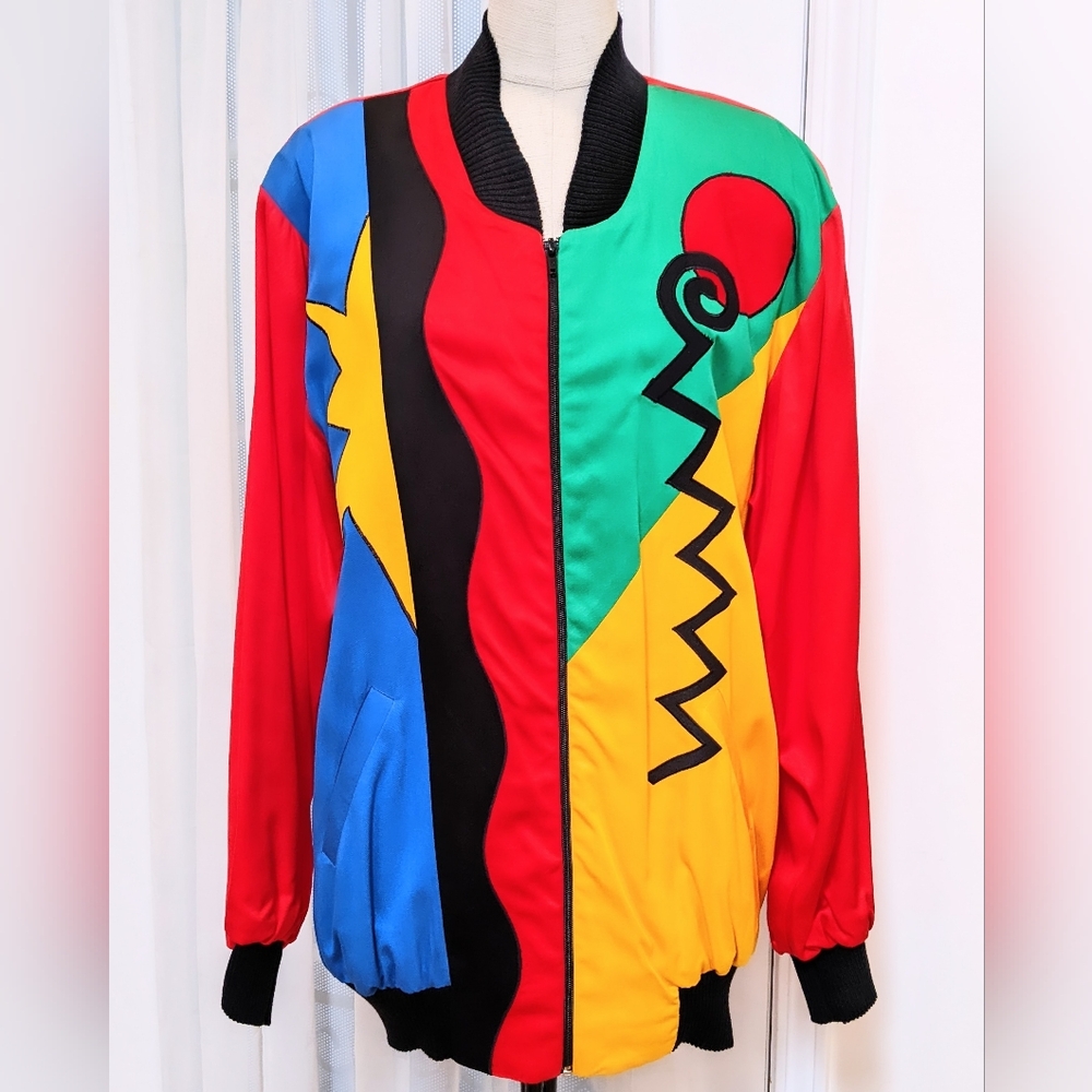 80's Vintage Jacket AP Collection colorblock crazy oversize S bomber Red Trippy